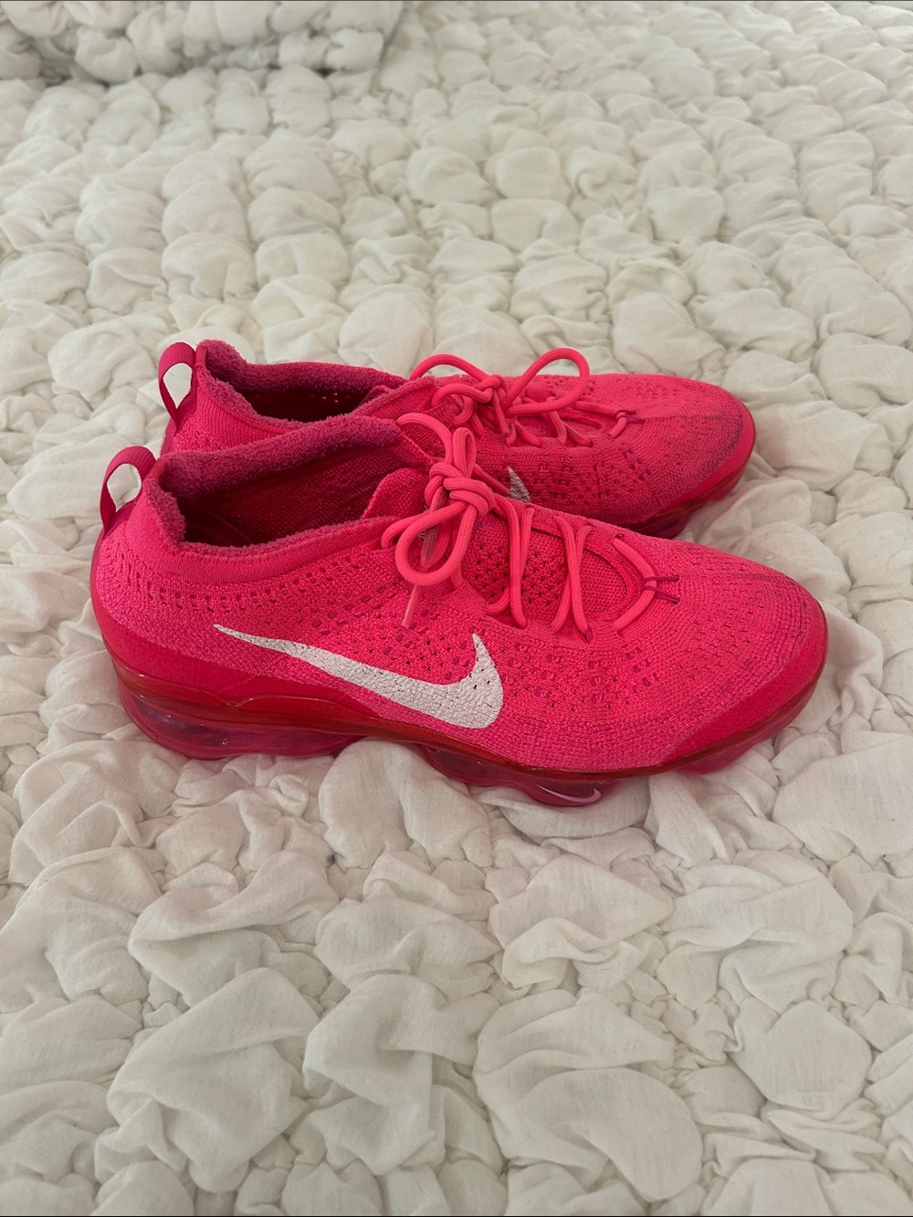 Nike Bright Hot Pink Flyknit Air VaporMax-Style Sneakers with White Swoosh